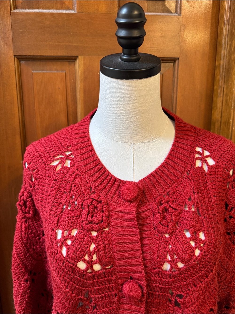 FARM Rio Red Crochet Button-Front Women’s Sweater Cardigan Size M